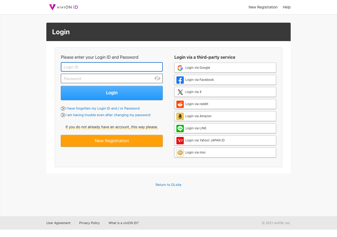 viviON ID registration and login page for DLsite account creation