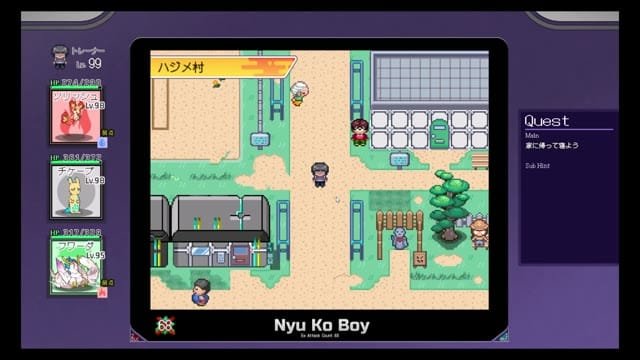 Yarimon Master overworld map - GBA-style pixel art village with party display